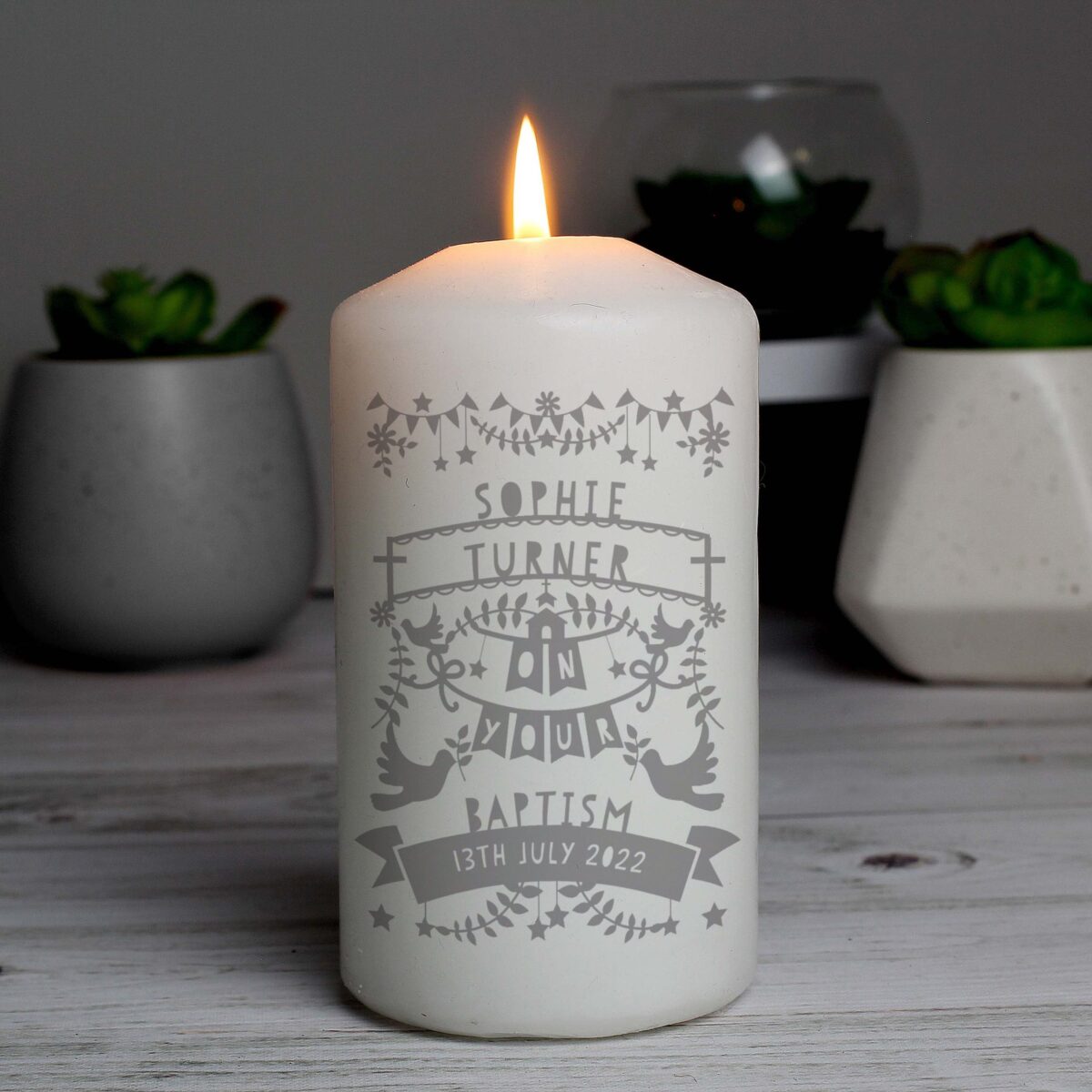 Personalised Grey Papercut Style Pillar Candle: 7 - Candles By Gift Moments