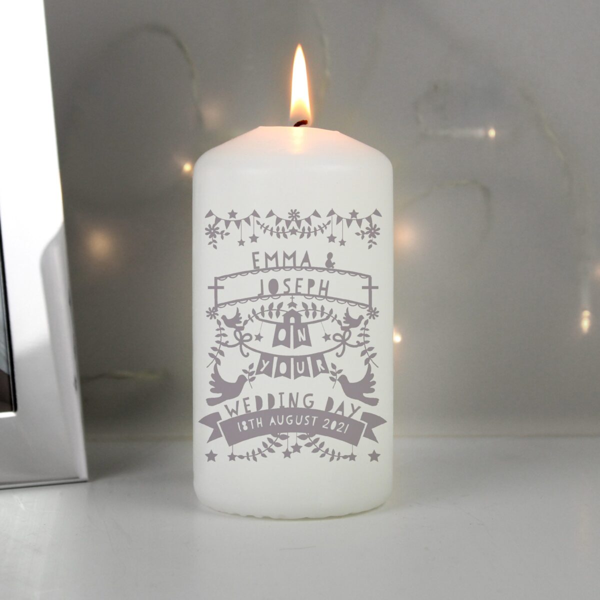 Personalised Grey Papercut Style Pillar Candle: 4 - Candles By Gift Moments