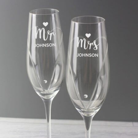 Personalised Hand Cut Mr & Mrs Pair of Flutes in Gift Box: 2 - Champagne Flutes By Gift Moments