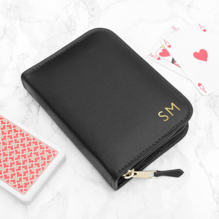 Personalised handmade leather double playing card cases black