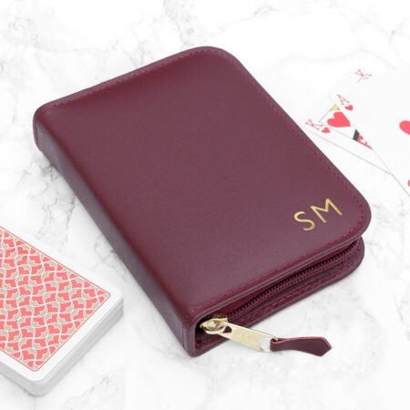 Personalised handmade leather double playing card cases burgundy