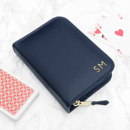 Personalised handmade leather double playing card cases navy