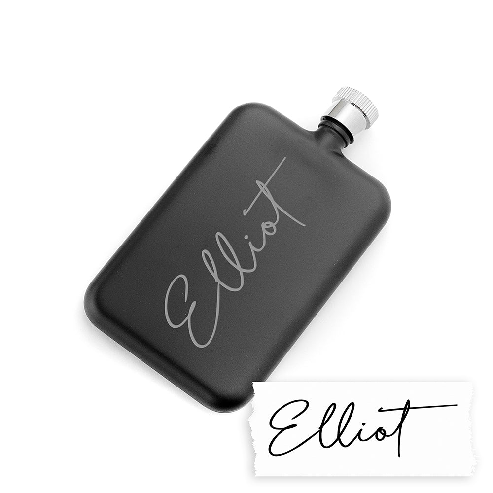 Personalised handwriting black slimline flask