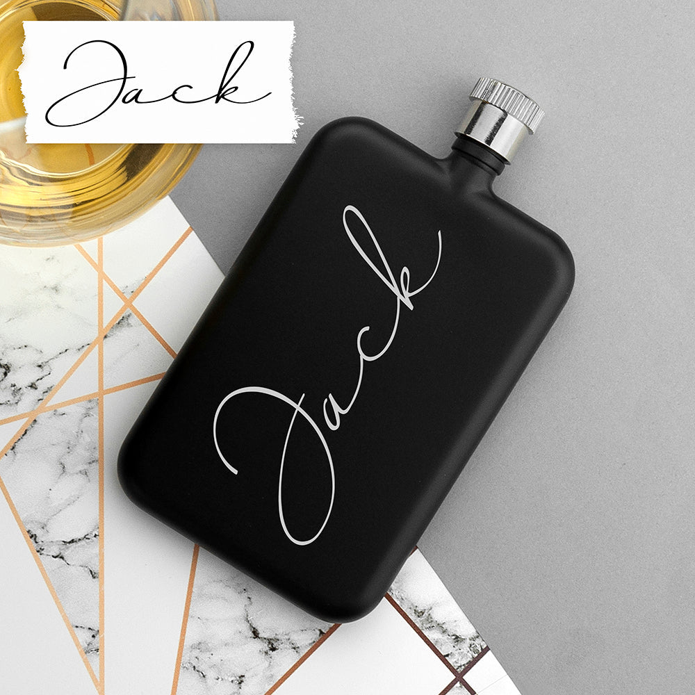 Personalised handwriting black slimline flask