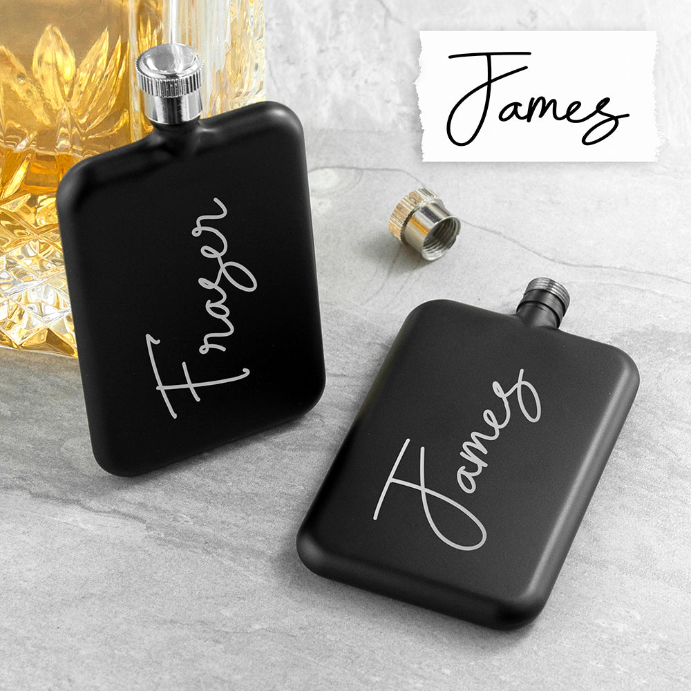 Personalised handwriting black slimline flask