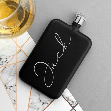 Personalised handwriting black slimline flask