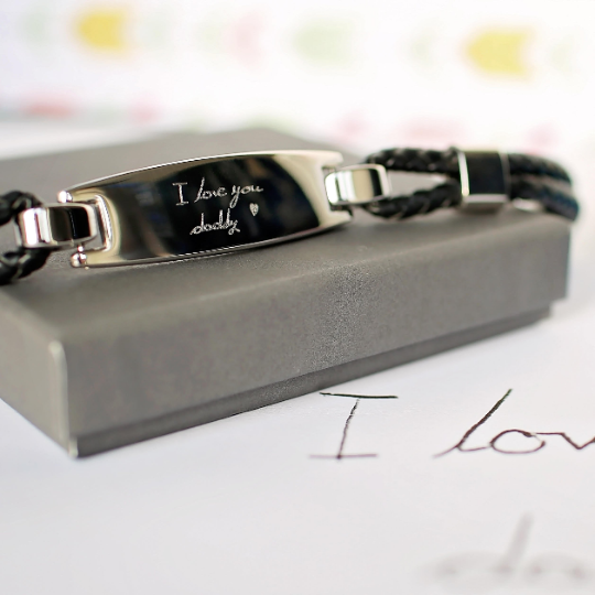 Personalised handwriting mens woven leather bracelet
