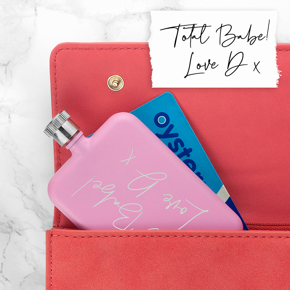 Personalised handwriting pink slimline flask
