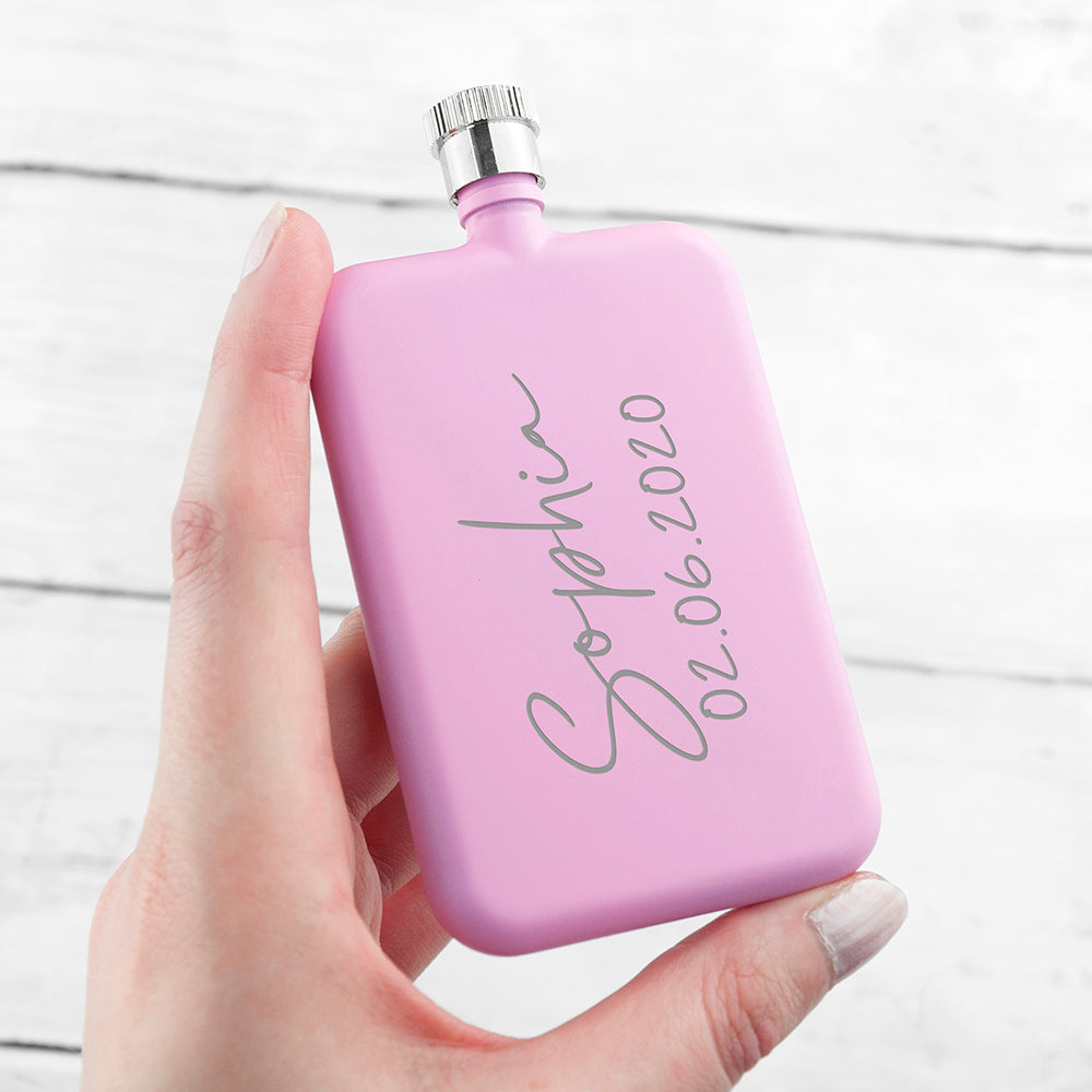 Personalised Pink Slimline Handwriting Flask: 1 - Hip Flasks By Gift Moments