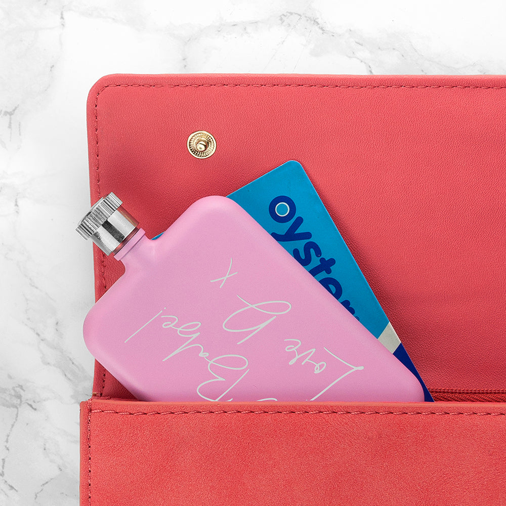 Personalised handwriting pink slimline flask