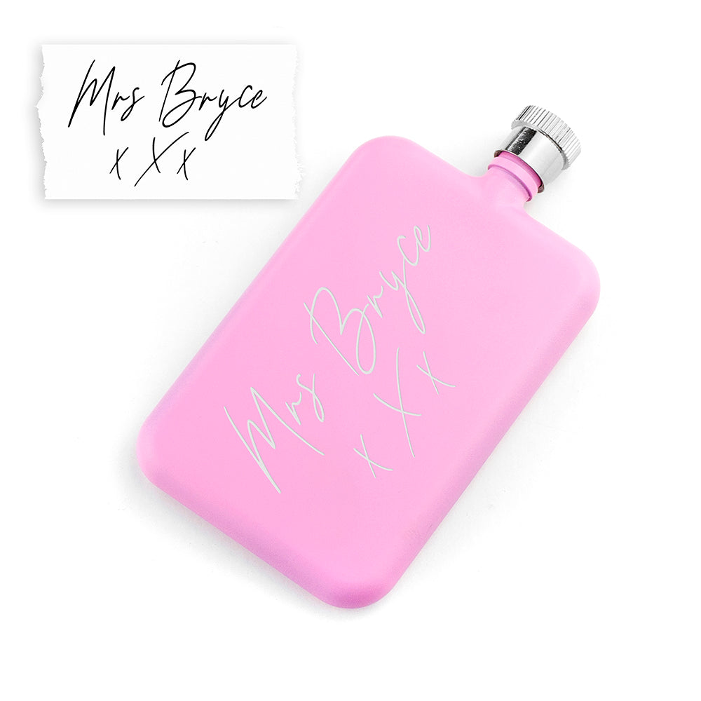 Personalised handwriting pink slimline flask