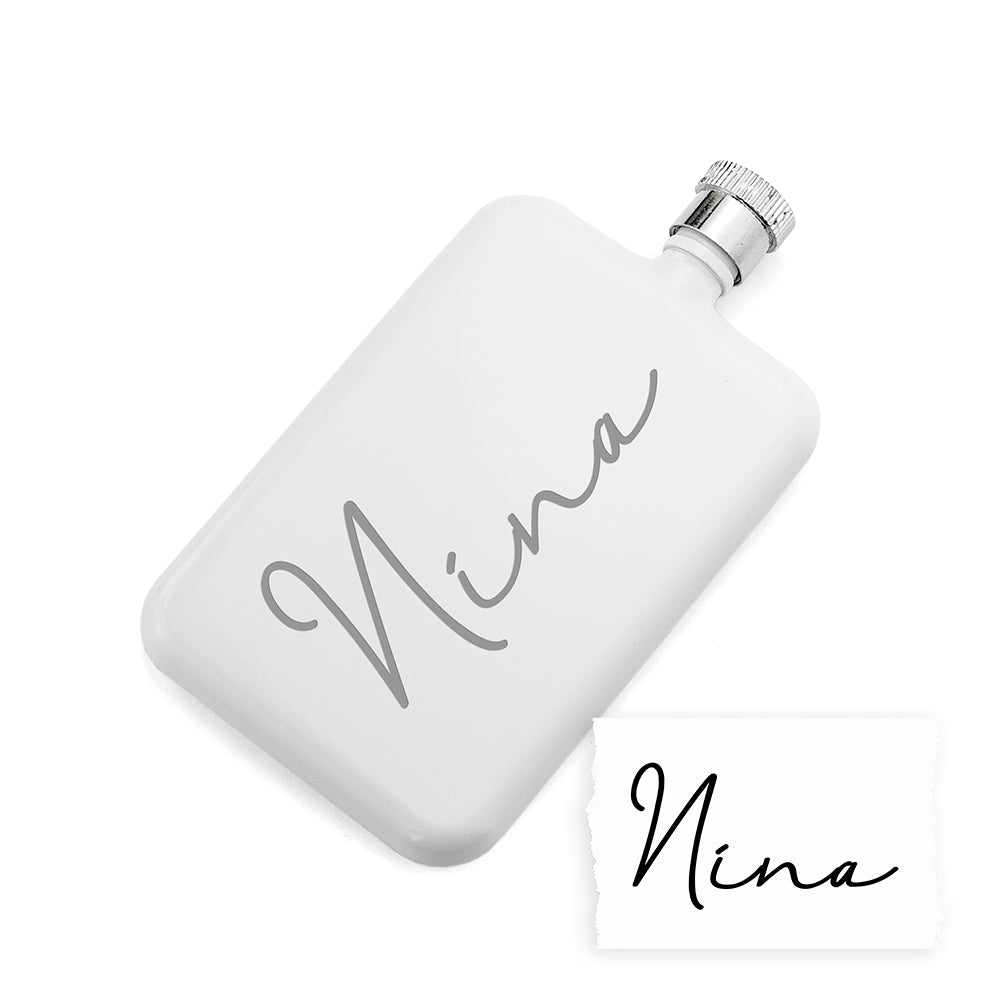 Personalised handwriting white slimline flask