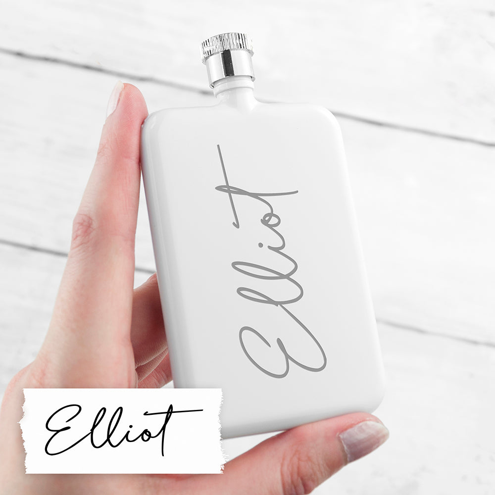 Personalised handwriting white slimline flask