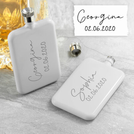 Personalised handwriting white slimline flask