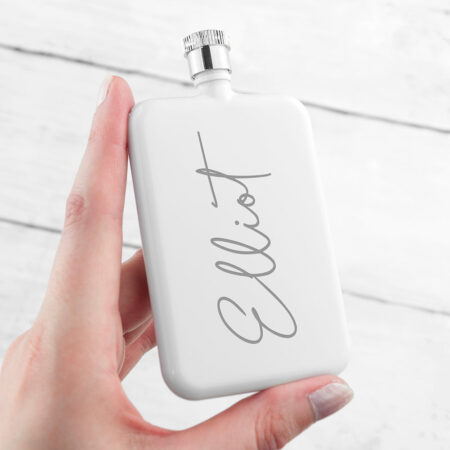 Personalised handwriting white slimline flask