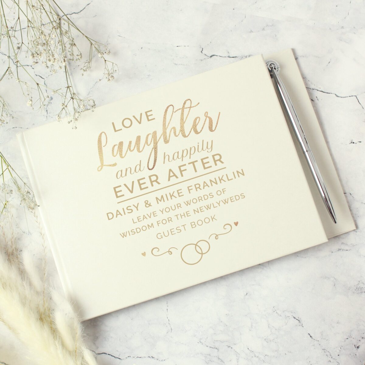 Personalised happily ever after wedding hardback guest book pen