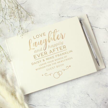 Personalised happily ever after wedding hardback guest book pen