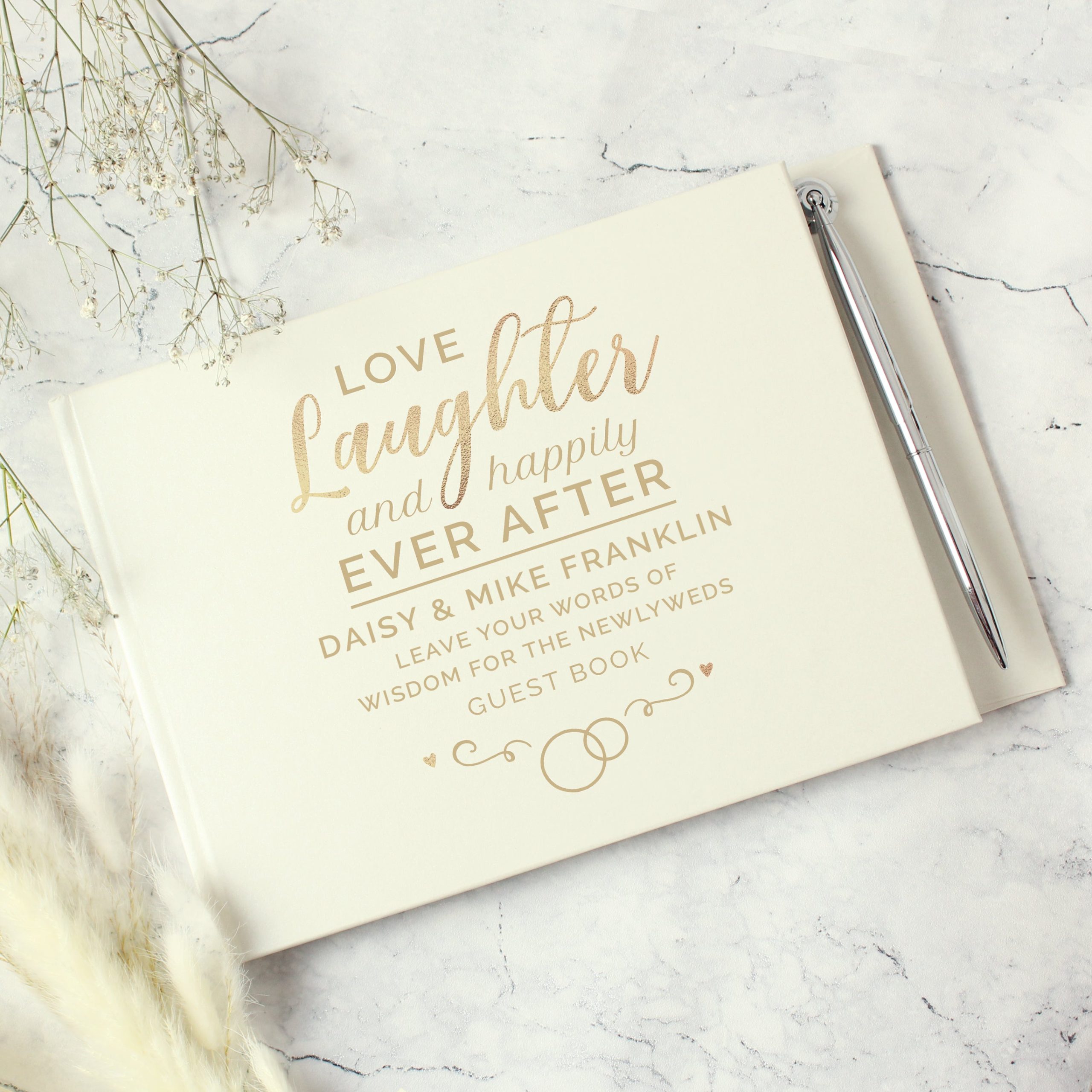 Personalised happily ever after wedding hardback guest book pen