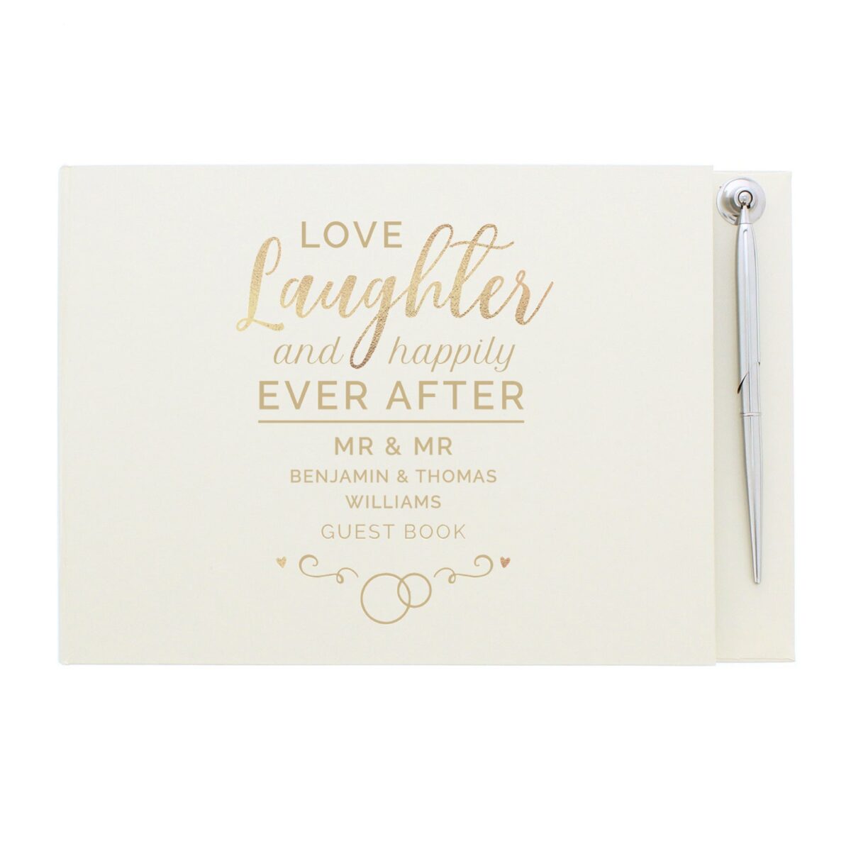 Personalised happily ever after wedding hardback guest book pen