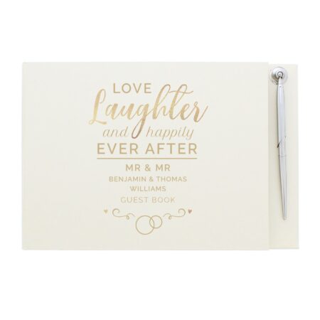 Personalised happily ever after wedding hardback guest book pen