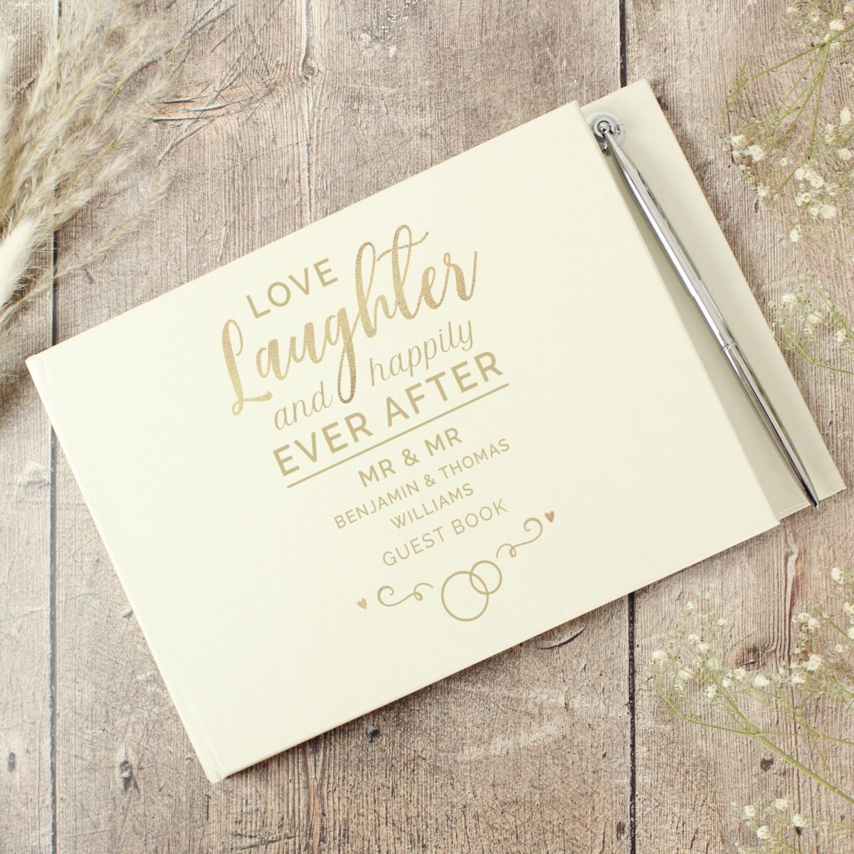 Personalised happily ever after wedding hardback guest book pen
