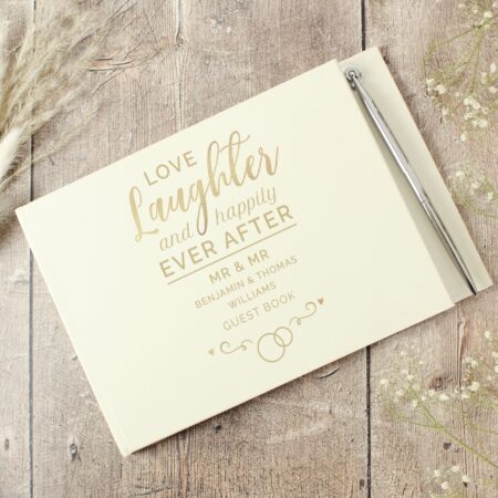 Personalised happily ever after wedding hardback guest book pen