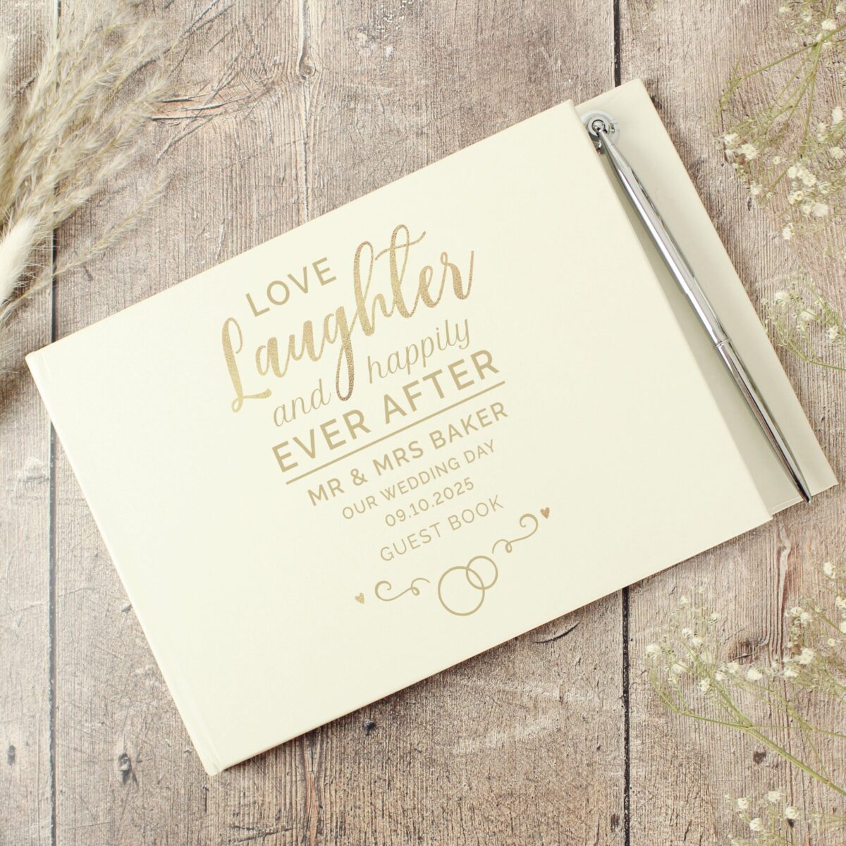 Personalised happily ever after wedding hardback guest book pen