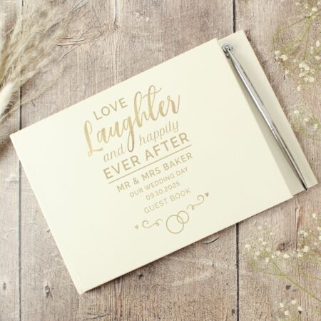 Personalised happily ever after wedding hardback guest book pen