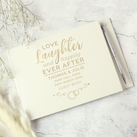 Personalised happily ever after wedding hardback guest book pen
