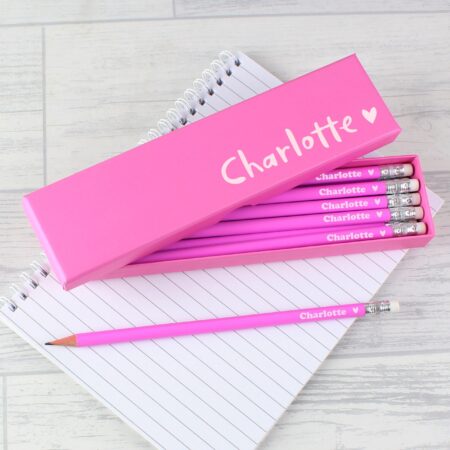 Personalised Heart Box and 12 Pink HB Pencils: 2 - Pens & Pencils By Gift Moments