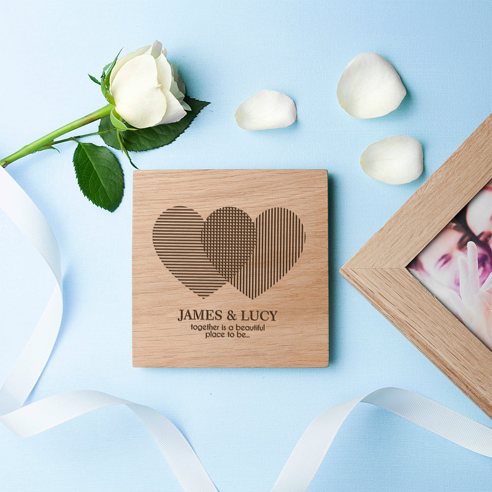Personalised Heart Venn Diagram Oak Photo Cube: 3 - Photo Cubes By Gift Moments