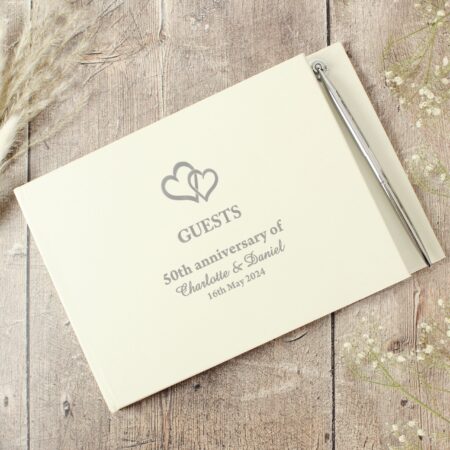 Personalised hearts design hardback guest book pen