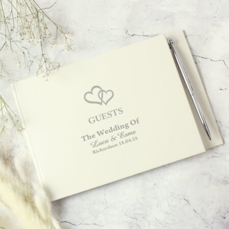 Personalised hearts design hardback guest book pen
