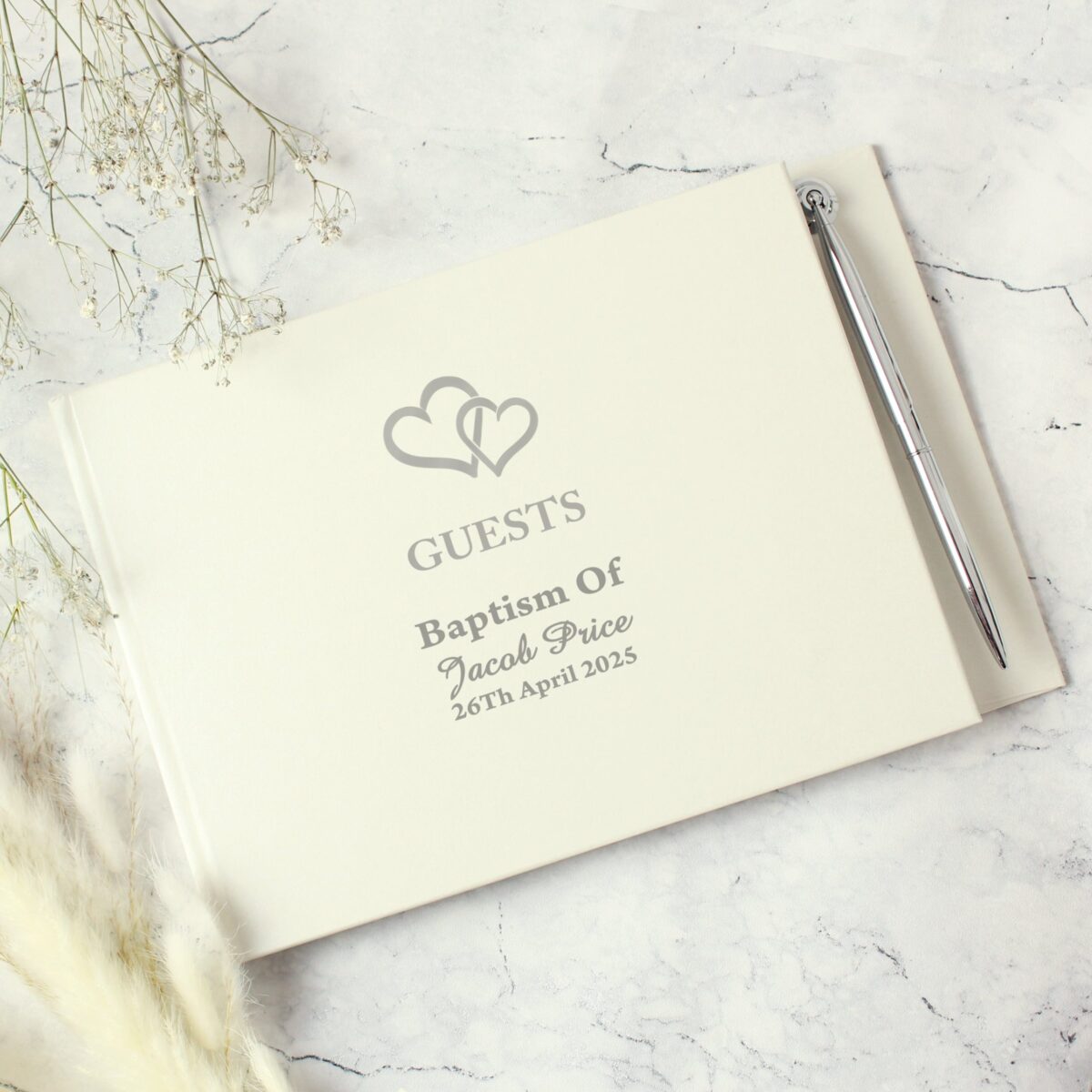 Personalised hearts design hardback guest book pen