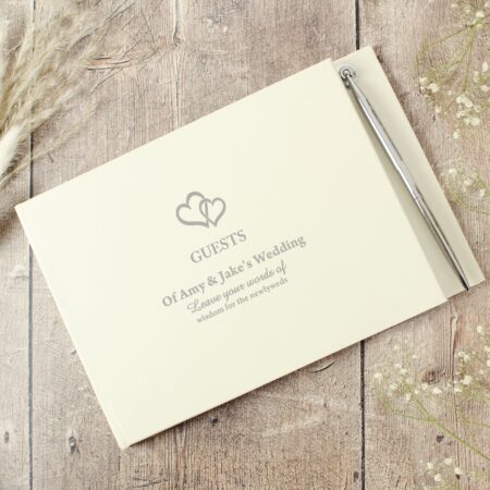 Personalised hearts design hardback guest book pen