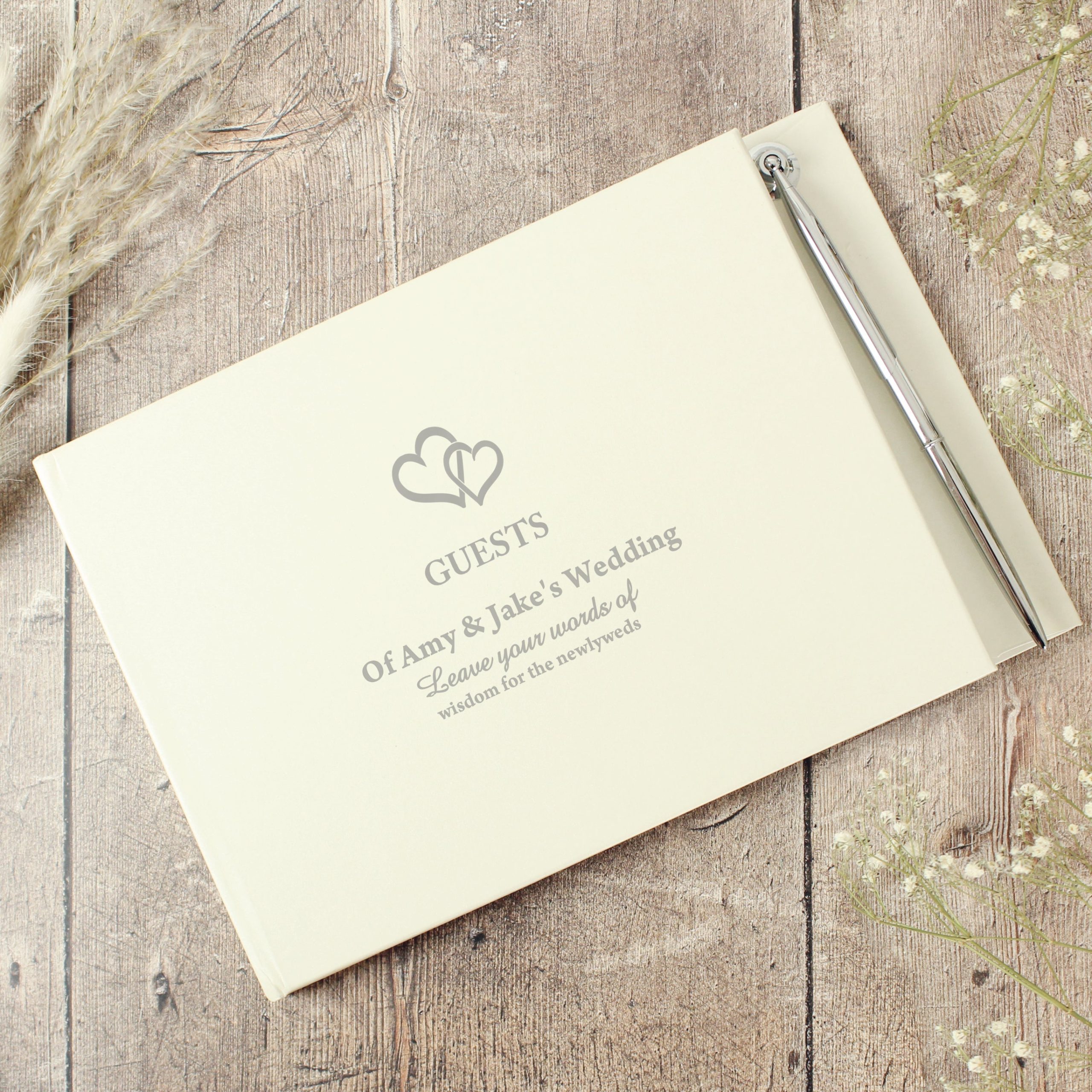 Personalised hearts design hardback guest book pen