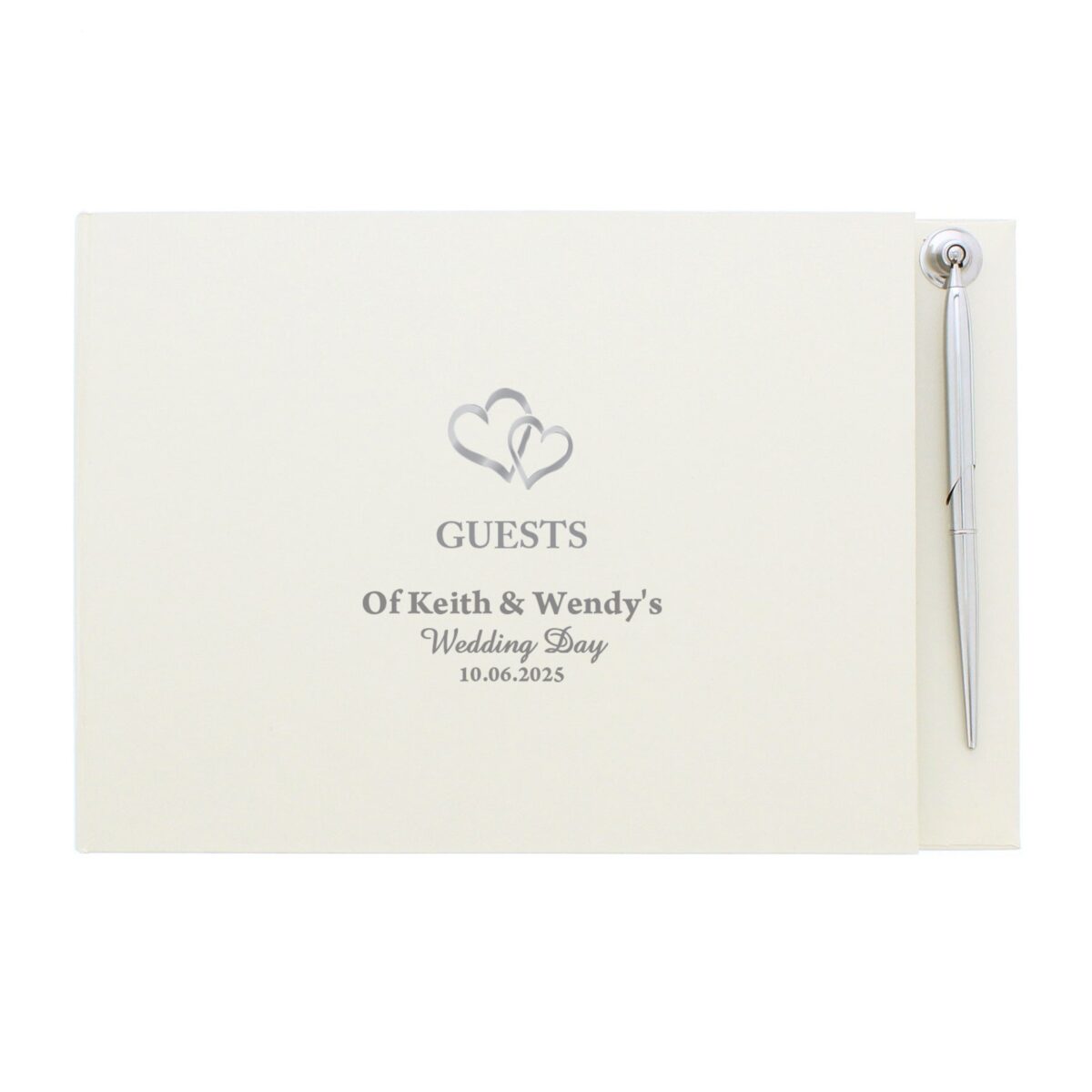 Personalised hearts design hardback guest book pen