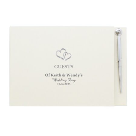 Personalised hearts design hardback guest book pen