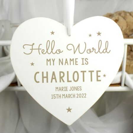 Personalised Hello World Large Wooden Heart Decoration: 4 - Decorations By Gift Moments