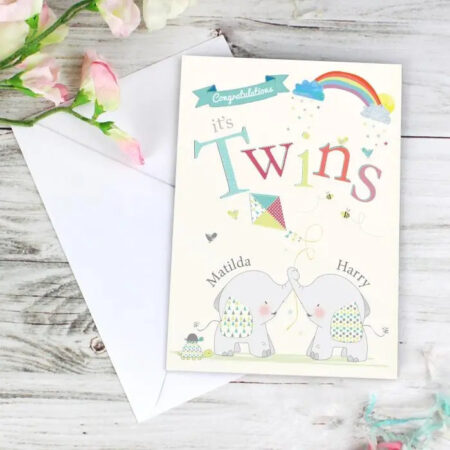 Personalised Hessian Elephant Twins Card: 2 - Greeting Cards By Gift Moments
