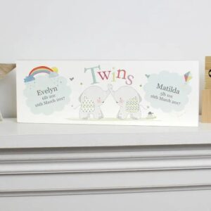Personalised Hessian Elephant Twins Wooden Block Sign: 1 - Signs & Plaques By Gift Moments