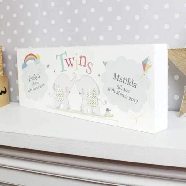 Personalised Hessian Elephant Twins Wooden Block Sign: 2 - Signs & Plaques By Gift Moments
