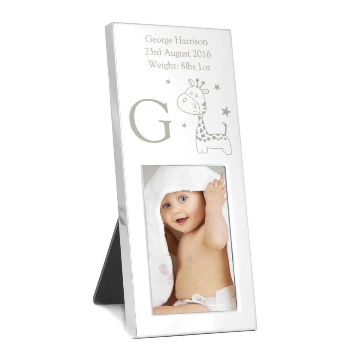 Personalised Hessian Giraffe Small 2x3 Silver Photo Frame: 3 - Photo Frames By Gift Moments