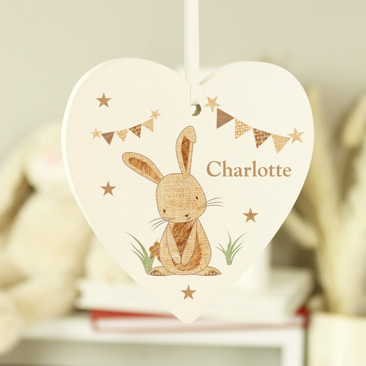 Personalised Hessian Rabbit Wooden Heart Decoration: 1 - Decorations By Gift Moments