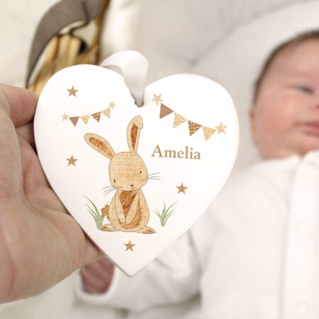 Personalised Hessian Rabbit Wooden Heart Decoration: 2 - Decorations By Gift Moments