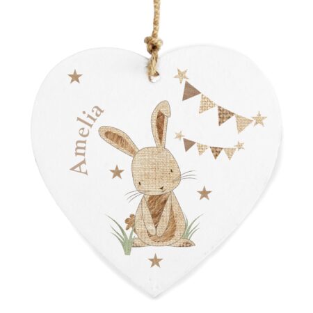 Personalised Hessian Rabbit Wooden Heart Decoration: 5 - Decorations By Gift Moments