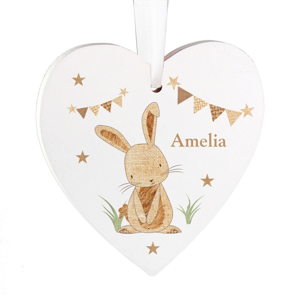 Personalised Hessian Rabbit Wooden Heart Decoration: 3 - Decorations By Gift Moments