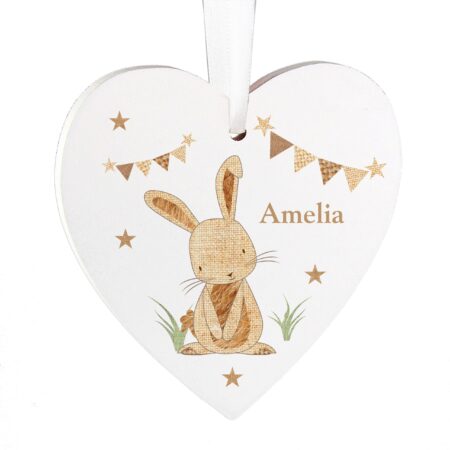 Personalised Hessian Rabbit Wooden Heart Decoration: 3 - Decorations By Gift Moments
