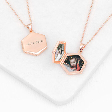 Personalised Hexagonal Photo Locket Necklaces: 3 - Rose Gold - Necklaces By Gift Moments