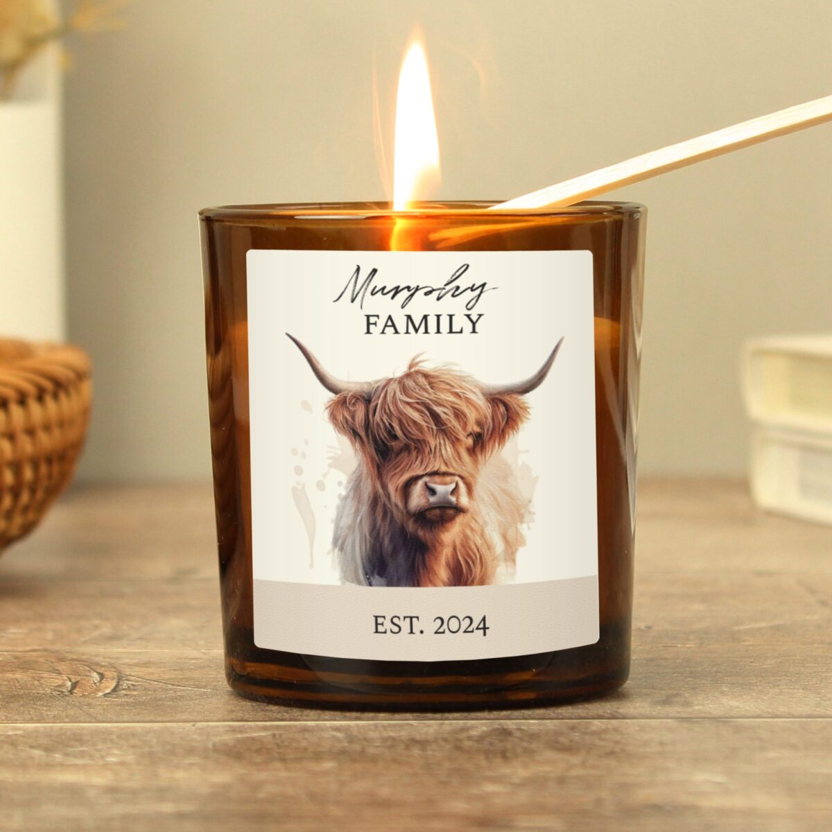 Personalised Highland Cow Amber Glass Candle: 3 - Candles By Gift Moments